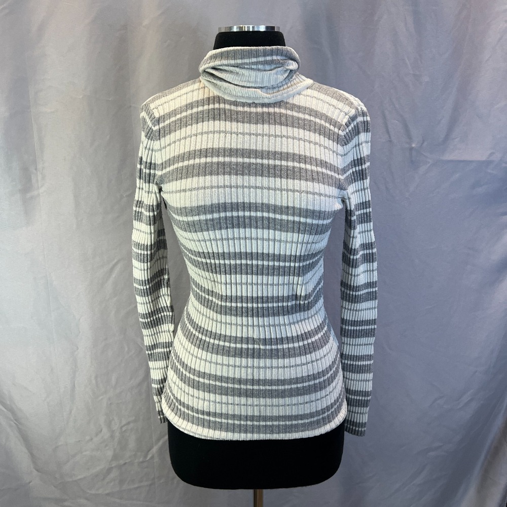 Express Sweater Womens Medium Gray White Striped Nylon Tight Knit Turtle Neck